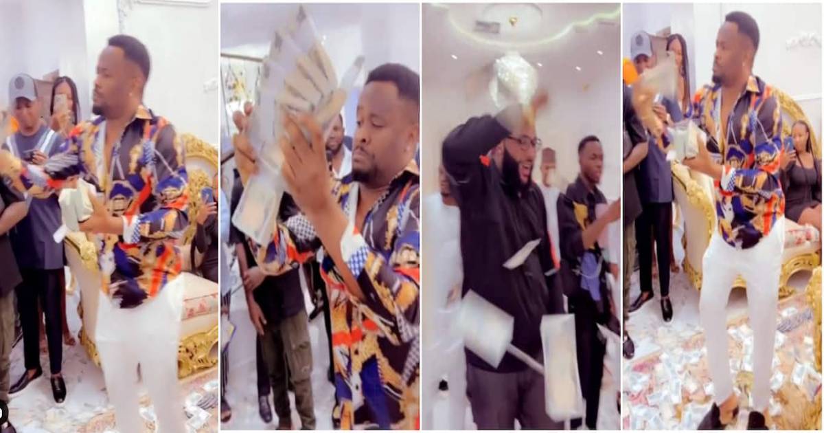 Wow! Nollywood Actor, Zubby Michael Makes Money Rain At E-Money’s Birthday Party (Video)