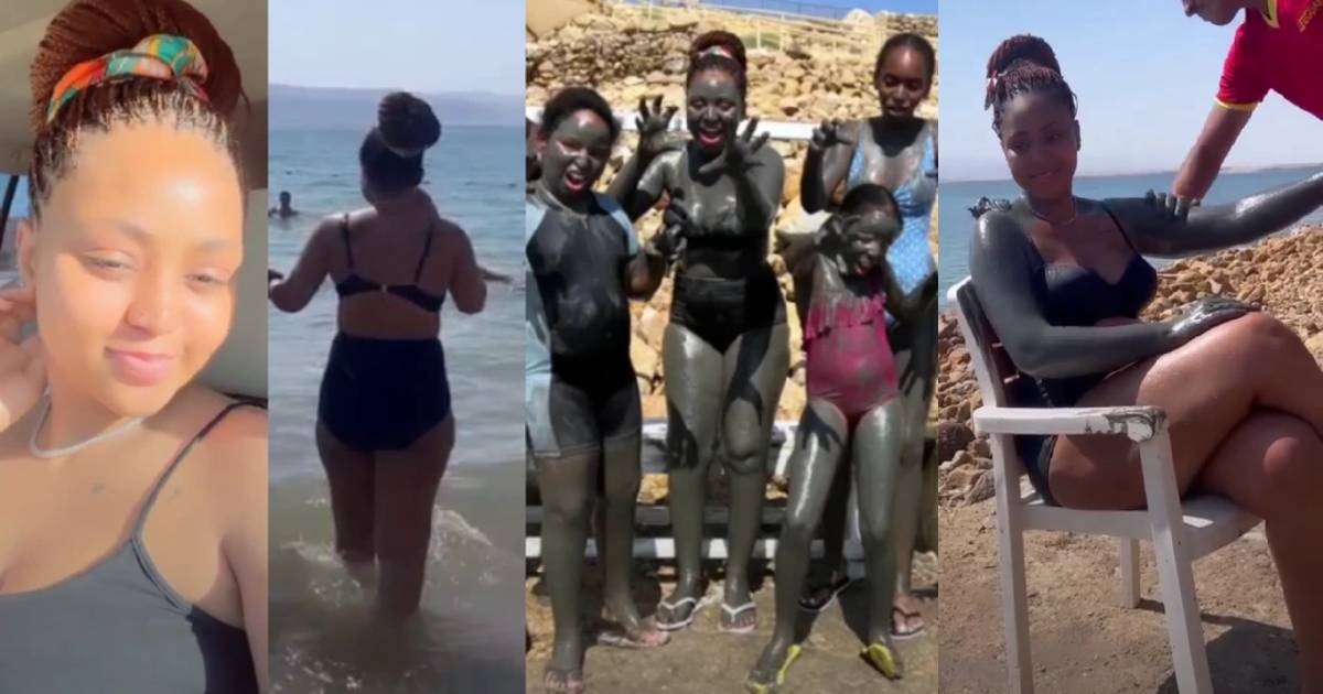 Reactions As Actress Regina Daniels And Her Step Children Spend Quality Time At The Dead Sea